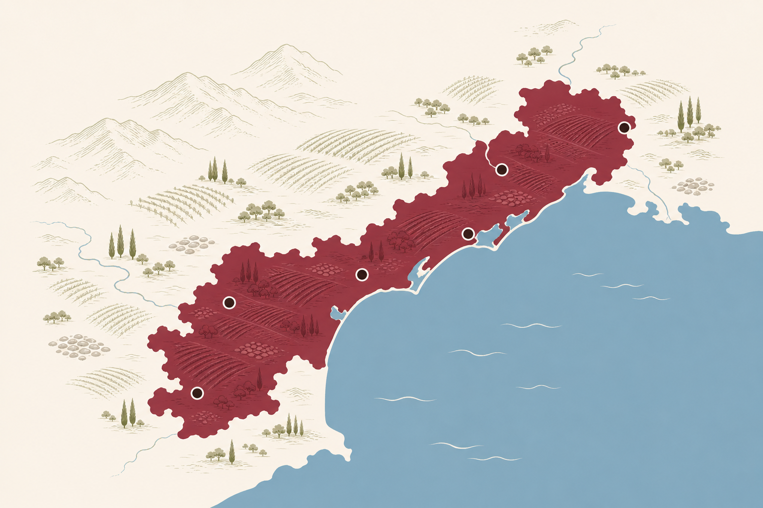 Stylised map of the Languedoc wine region and Mediterranean coast