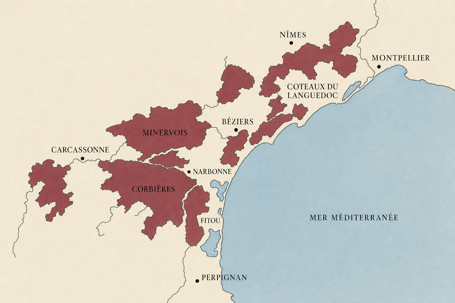 Map of Languedoc wine areas along the Mediterranean, from Nîmes to Perpignan