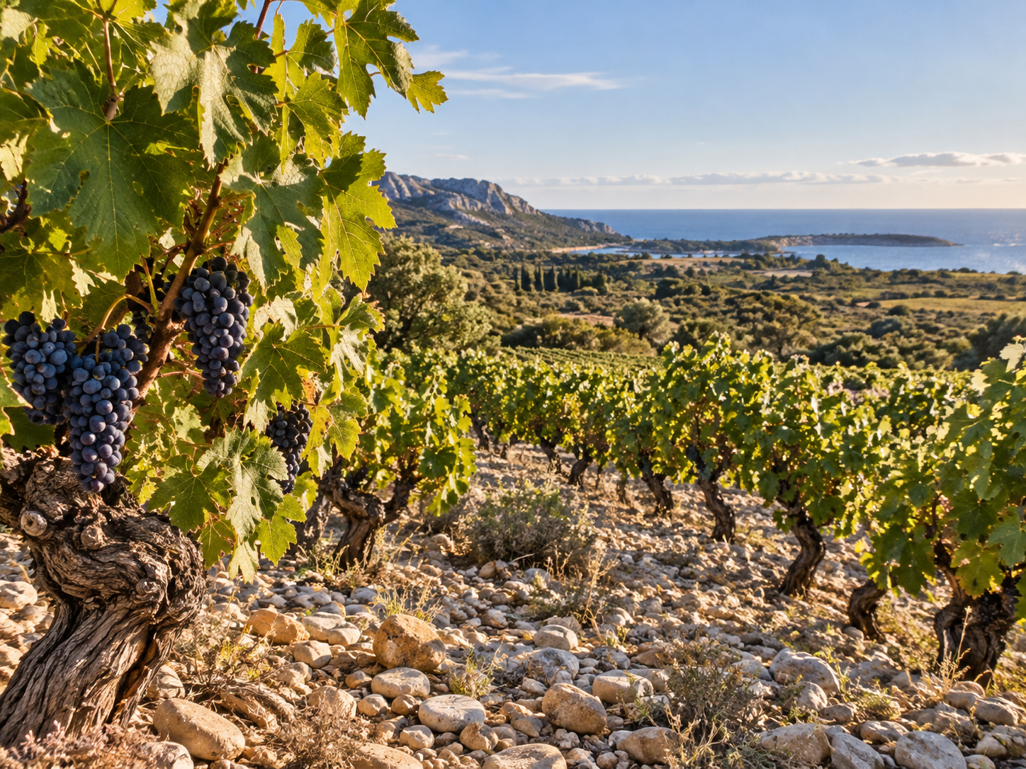 Mediterranean vineyards, stony soils and olive trees in warm sunlight