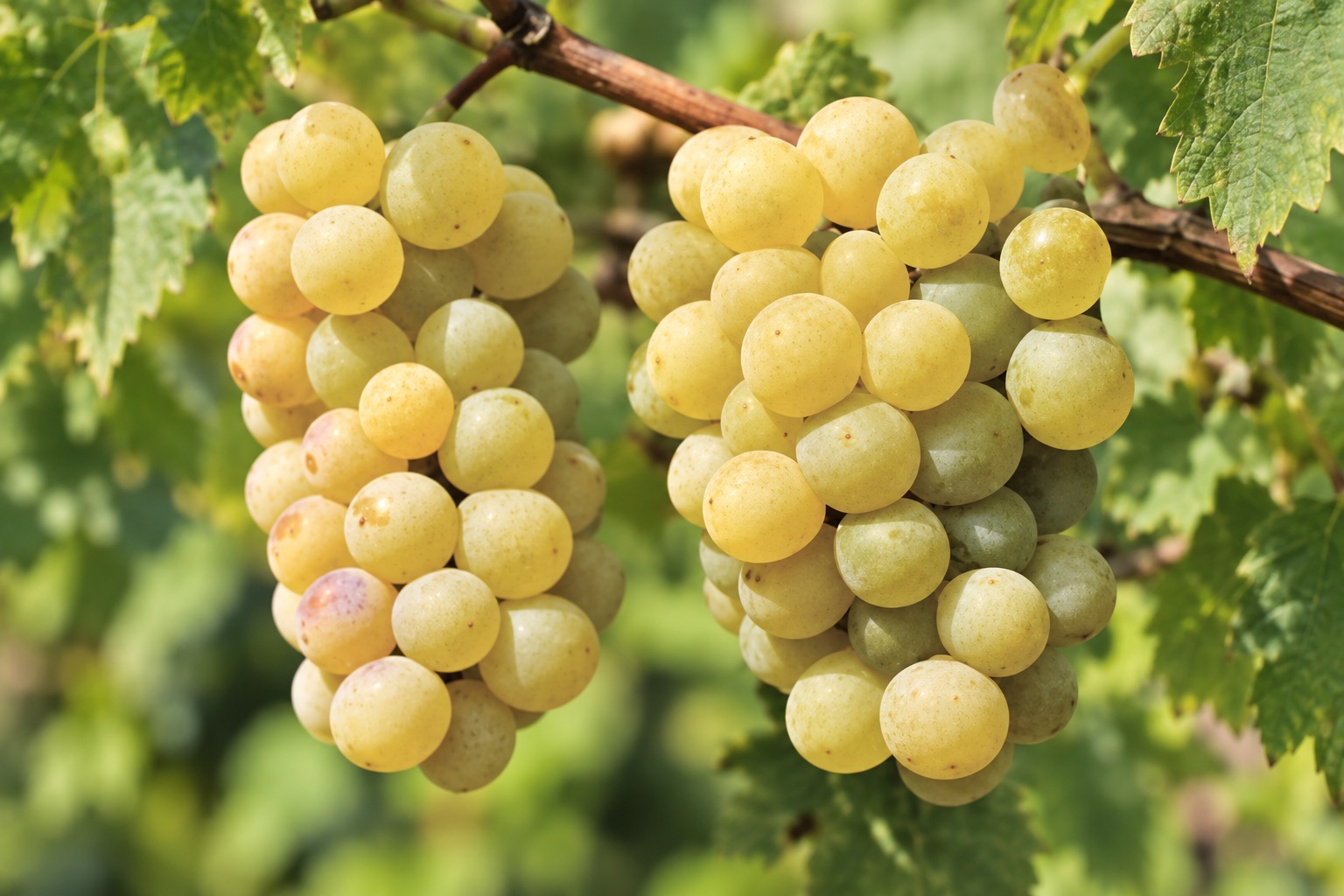 Golden Chardonnay grape bunches on the vine