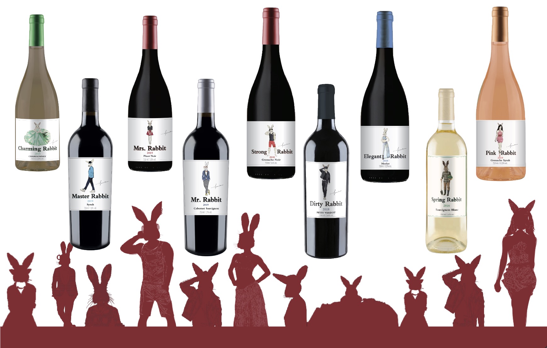 The Rabbit Family wine range Rabbit Family wine bottles arranged above colourful rabbit character silhouettes.
