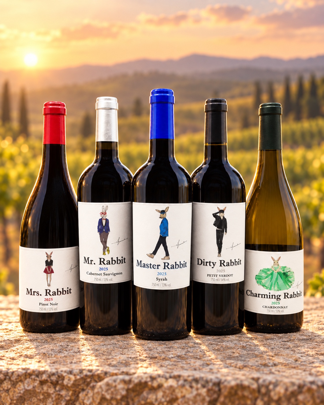 Rabbit Family Languedoc wine bottles on a stone table overlooking sunlit vineyards