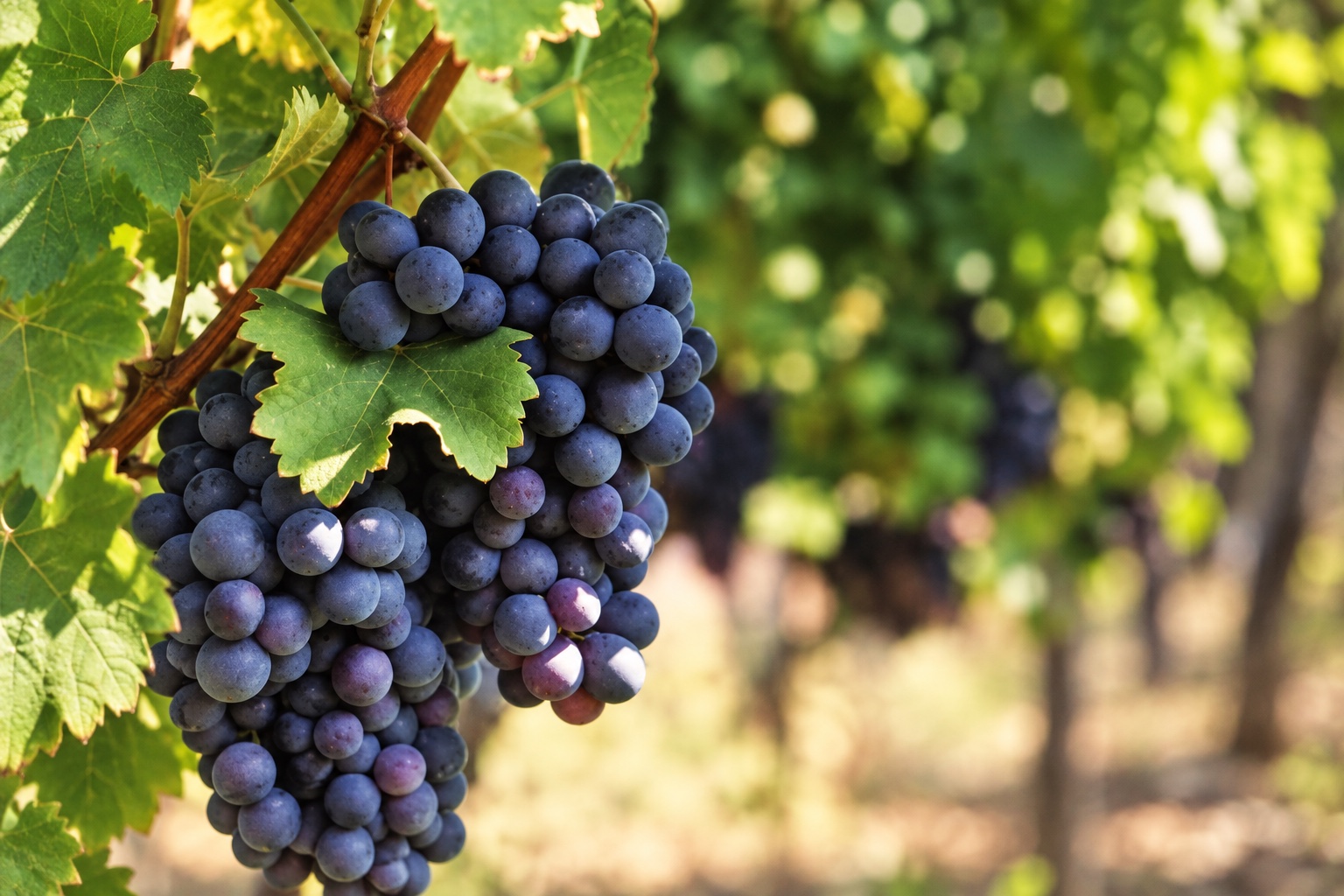 Blue-black Merlot grapes growing on the vine