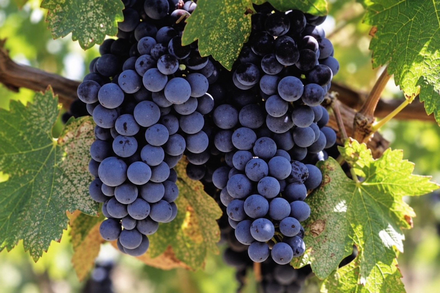 Small dark Petit Verdot berries in grape bunches