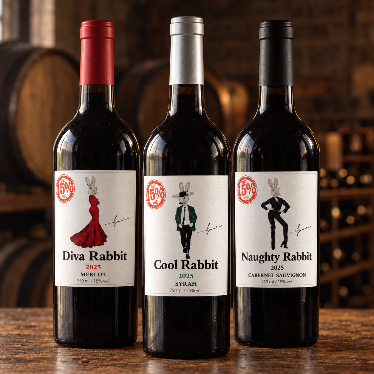 Diva, Cool and Naughty Rabbit Spanish red wine bottles in an oak barrel cellar